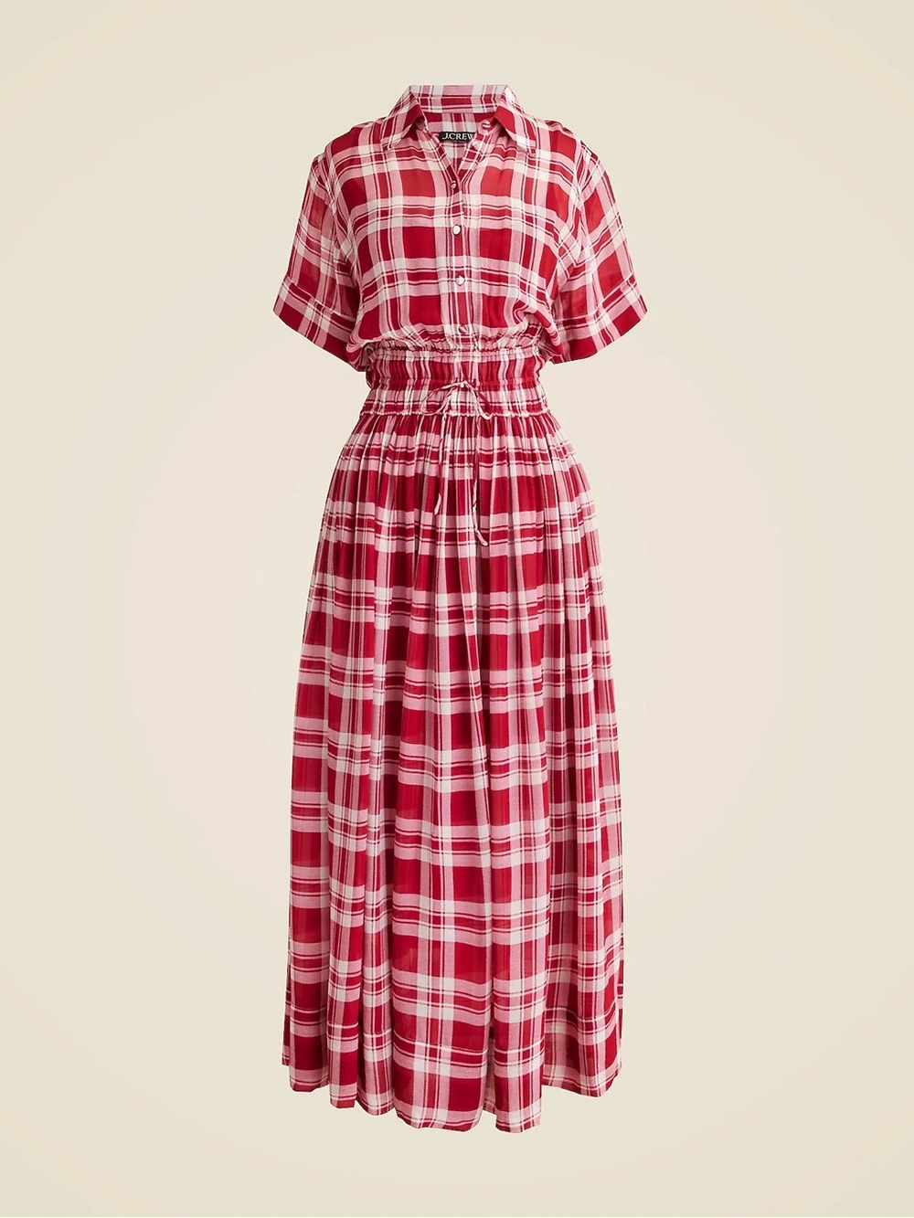 J. Crew Elena shirt-dress in plaid viscose chiffon red fall picnic cottage - Picture 1 of 8